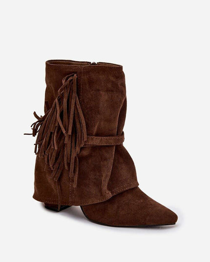 Women's Eco Suede Ankle Boots – Fringes, Overlapping Upper & Gold Buckles