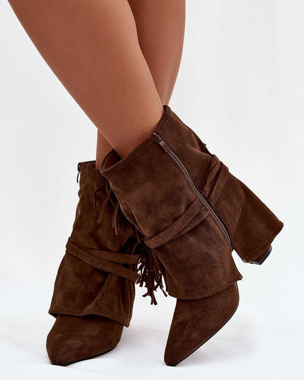 Women's Eco Suede Ankle Boots – Fringes, Overlapping Upper & Gold Buckles