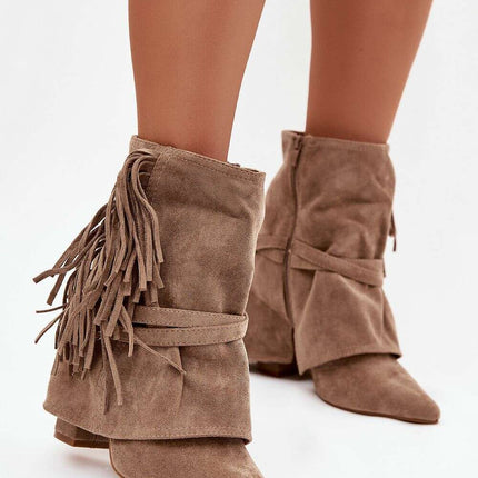 Women's Eco Suede Ankle Boots – Fringes, Overlapping Upper & Gold Buckles