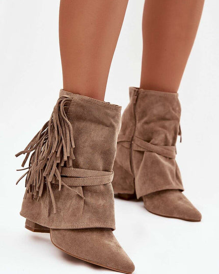 Women's Eco Suede Ankle Boots – Fringes, Overlapping Upper & Gold Buckles