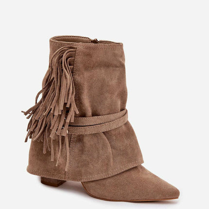 Women's Eco Suede Ankle Boots – Fringes, Overlapping Upper & Gold Buckles