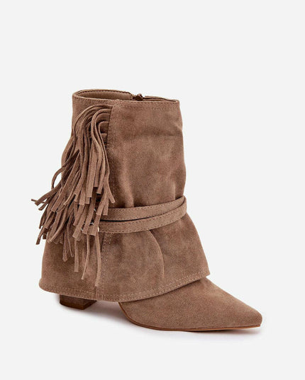 Women's Eco Suede Ankle Boots – Fringes, Overlapping Upper & Gold Buckles