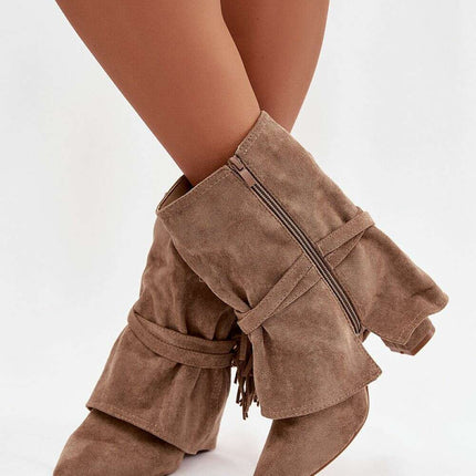 Women's Eco Suede Ankle Boots – Fringes, Overlapping Upper & Gold Buckles