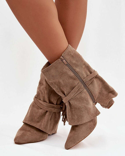 Women's Eco Suede Ankle Boots – Fringes, Overlapping Upper & Gold Buckles