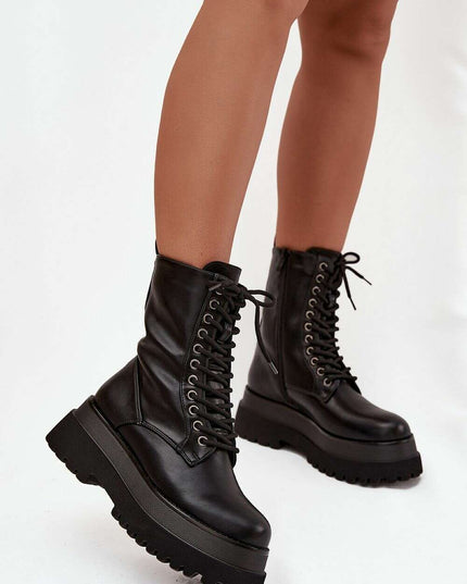 Women's Platform Work Boots – Eco Leather, Lace & Zipper, 19cm Shaft