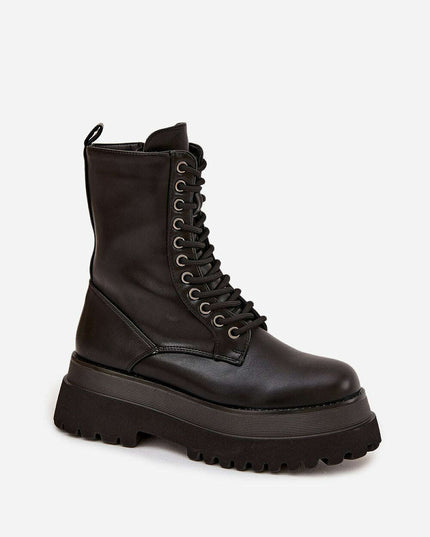 Women's Platform Work Boots – Eco Leather, Lace & Zipper, 19cm Shaft