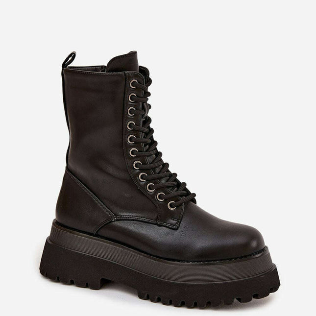 Women's Platform Work Boots – Eco Leather, Lace & Zipper, 19cm Shaft