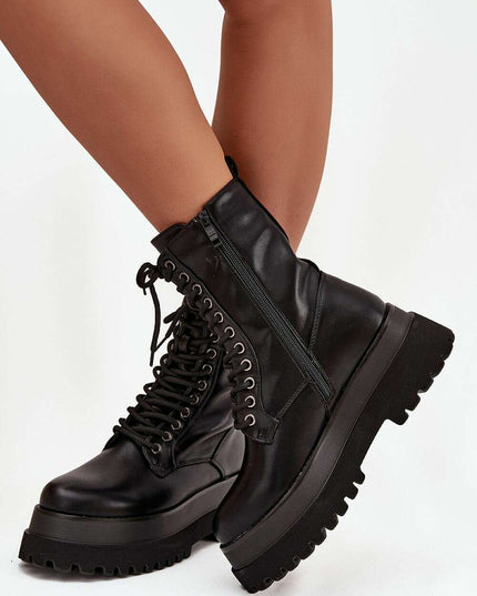 Women's Platform Work Boots – Eco Leather, Lace & Zipper, 19cm Shaft