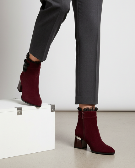 Women's Suede Ankle Boots – Insulated, Zipper, 7cm Heel, Elegant Mesh