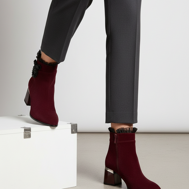 Women's Suede Ankle Boots – Insulated, Zipper, 7cm Heel, Elegant Mesh