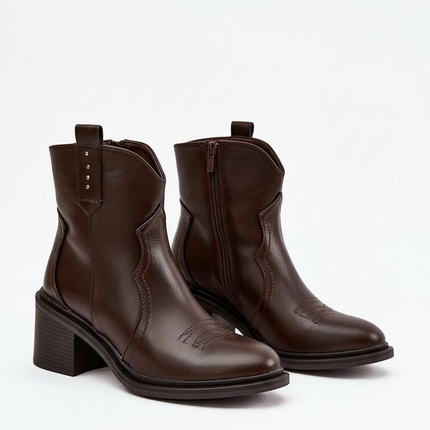 Women's Eco Leather Cowboy Ankle Boots – Zipper, 7cm Heel, Warm Lining