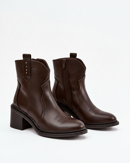 Women's Eco Leather Cowboy Ankle Boots – Zipper, 7cm Heel, Warm Lining