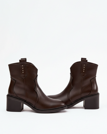 Women's Eco Leather Cowboy Ankle Boots – Zipper, 7cm Heel, Warm Lining