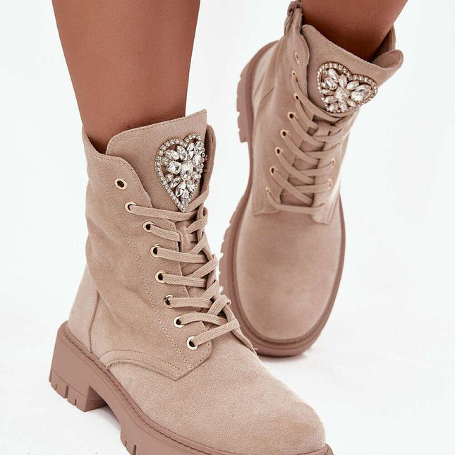 Women's Faux Suede Ankle Boots – Lace-Up, Zipper, Crystal Detail