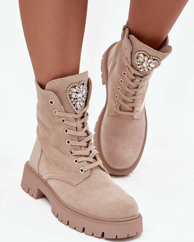 Women's Faux Suede Ankle Boots – Lace-Up, Zipper, Crystal Detail