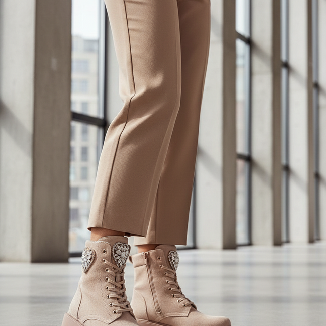Women's Faux Suede Ankle Boots – Lace-Up, Zipper, Crystal Detail