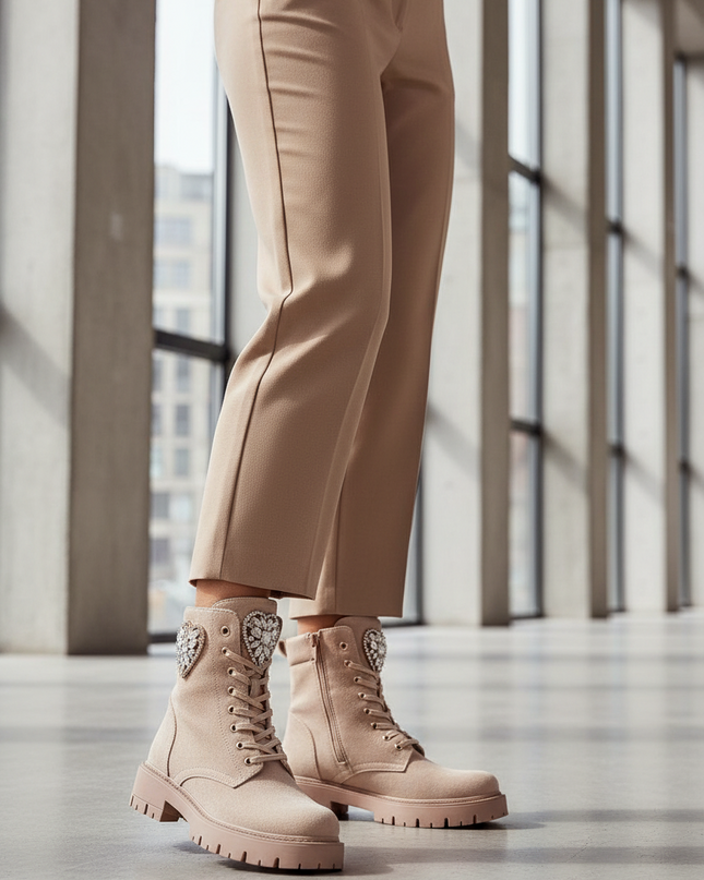 Women's Faux Suede Ankle Boots – Lace-Up, Zipper, Crystal Detail