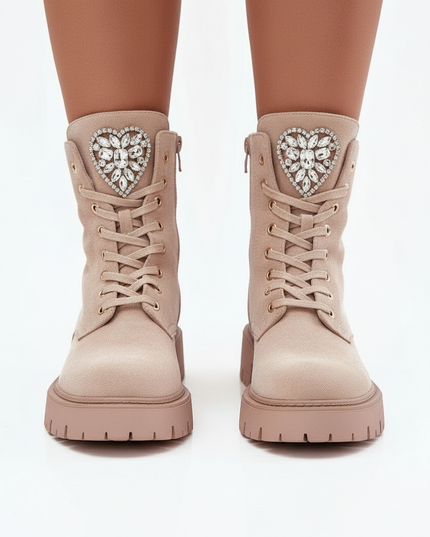 Women's Faux Suede Ankle Boots – Lace-Up, Zipper, Crystal Detail
