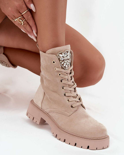 Women's Faux Suede Ankle Boots – Lace-Up, Zipper, Crystal Detail