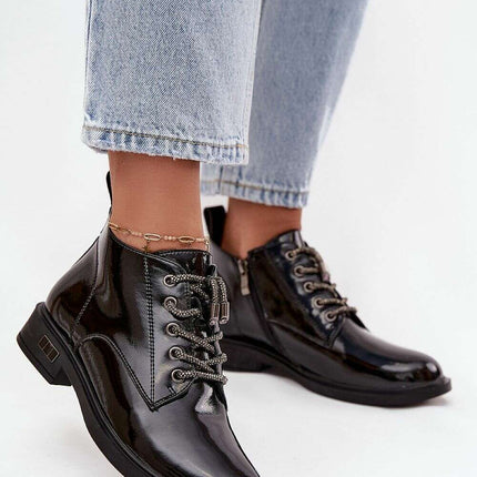 Women's Patent Leather Ankle Boots – Shiny Finish, Decorative Lacing