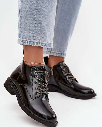 Women's Patent Leather Ankle Boots – Shiny Finish, Decorative Lacing