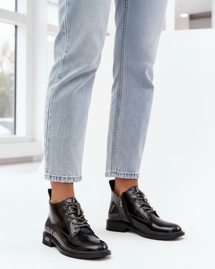 Women's Patent Leather Ankle Boots – Shiny Finish, Decorative Lacing