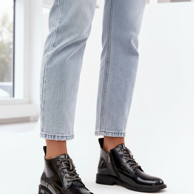 Women's Patent Leather Ankle Boots – Shiny Finish, Decorative Lacing