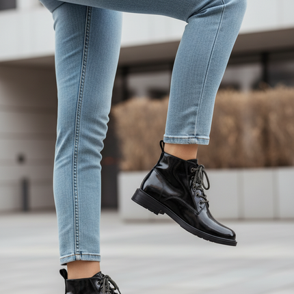 Women's Patent Leather Ankle Boots – Shiny Finish, Decorative Lacing