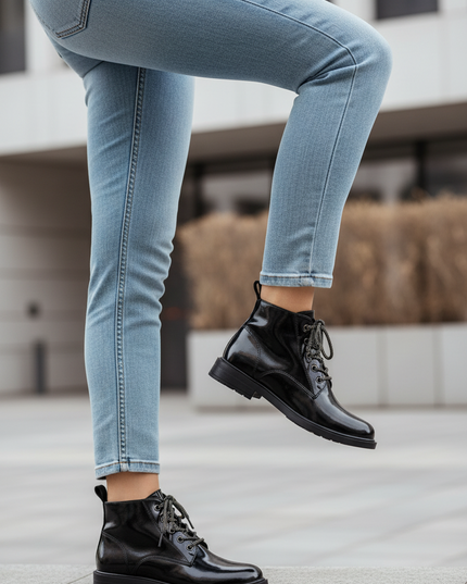Women's Patent Leather Ankle Boots – Shiny Finish, Decorative Lacing
