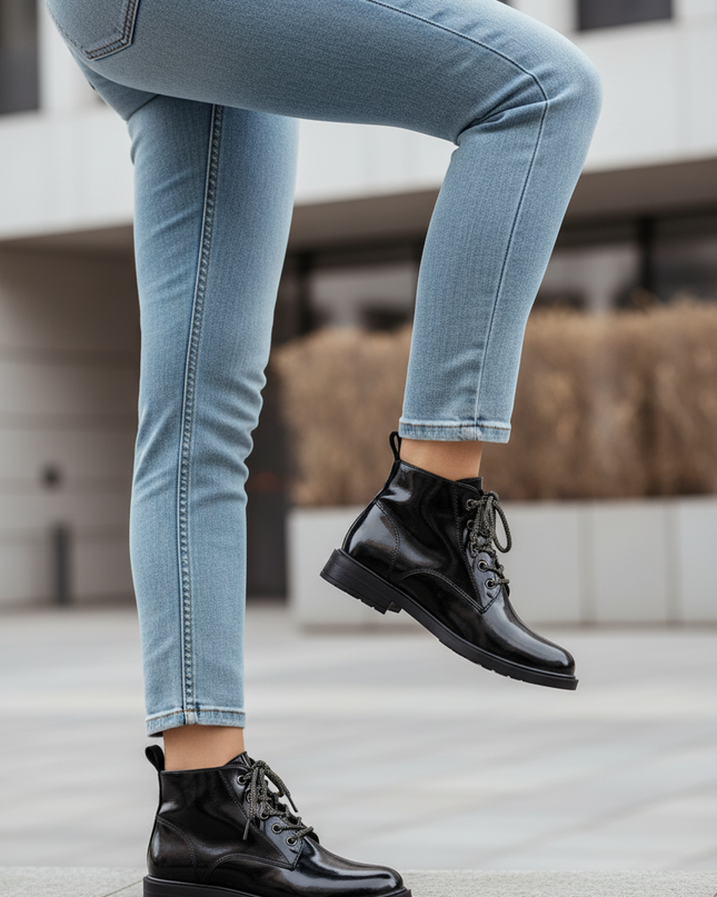 Women's Patent Leather Ankle Boots – Shiny Finish, Decorative Lacing