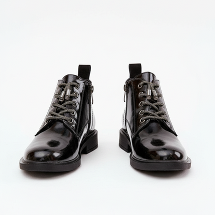 Women's Patent Leather Ankle Boots – Shiny Finish, Decorative Lacing