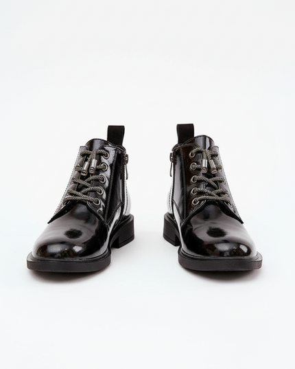 Women's Patent Leather Ankle Boots – Shiny Finish, Decorative Lacing