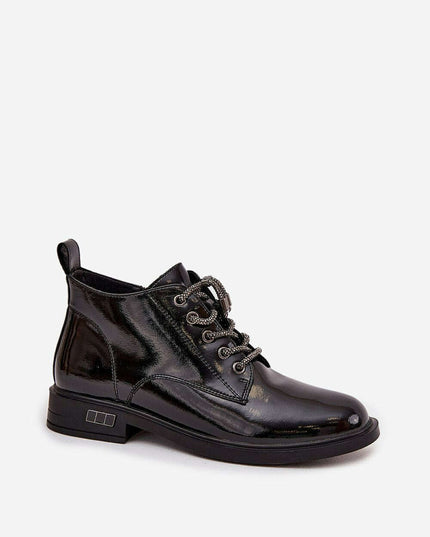 Women's Patent Leather Ankle Boots – Shiny Finish, Decorative Lacing