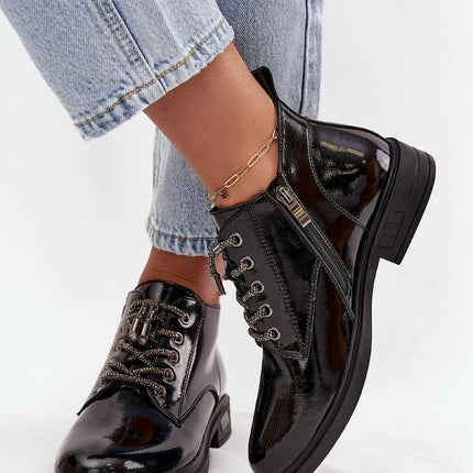 Women's Patent Leather Ankle Boots – Shiny Finish, Decorative Lacing