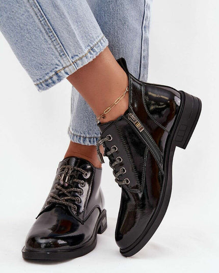 Women's Patent Leather Ankle Boots – Shiny Finish, Decorative Lacing