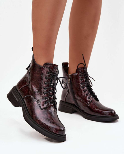 Women's Patent Leather Ankle Boots – Block Heel, Zipper, Warm Lining