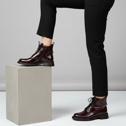 Women's Patent Leather Ankle Boots – Block Heel, Zipper, Warm Lining