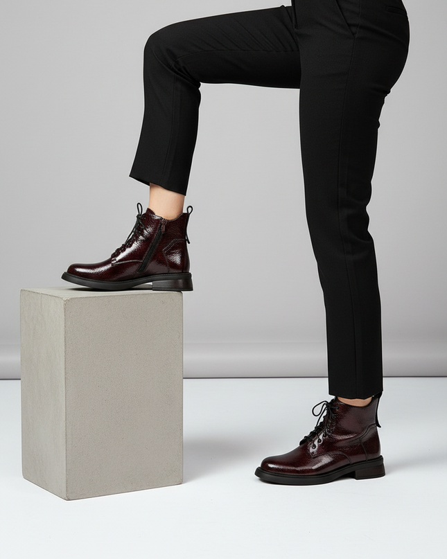 Women's Patent Leather Ankle Boots – Block Heel, Zipper, Warm Lining