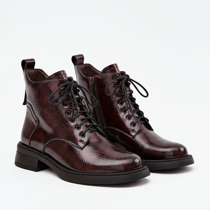 Women's Patent Leather Ankle Boots – Block Heel, Zipper, Warm Lining