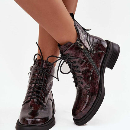 Women's Patent Leather Ankle Boots – Block Heel, Zipper, Warm Lining