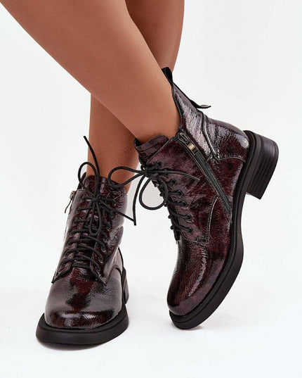 Women's Patent Leather Ankle Boots – Block Heel, Zipper, Warm Lining