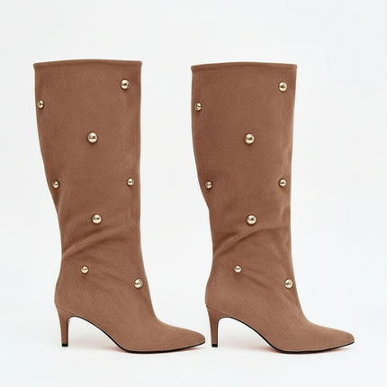 Women's Suede Heel Boots – Gold Accent, Pointed Toe, Slip-On Style