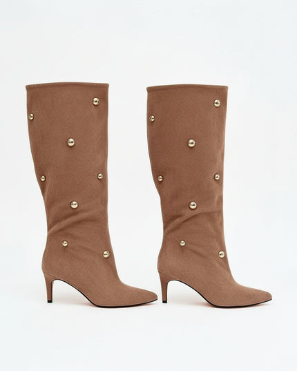 Women's Suede Heel Boots – Gold Accent, Pointed Toe, Slip-On Style