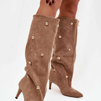 Women's Suede Heel Boots – Gold Accent, Pointed Toe, Slip-On Style