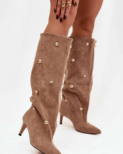 Women's Suede Heel Boots – Gold Accent, Pointed Toe, Slip-On Style