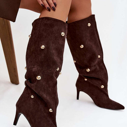 Women's Suede Heel Boots – Gold Accent, Pointed Toe, Slip-On Style