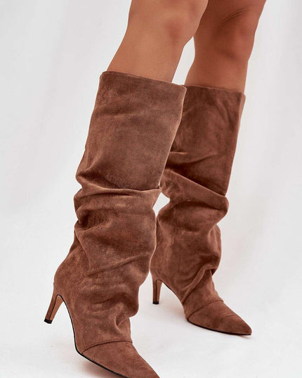 Women's Suede Heel Boots – Pointed Toe, Gathered Upper, Chic Comfort