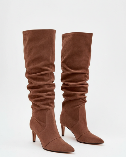 Women's Suede Heel Boots – Pointed Toe, Gathered Upper, Chic Comfort