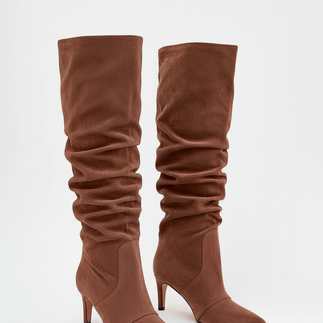Women's Suede Heel Boots – Pointed Toe, Gathered Upper, Chic Comfort