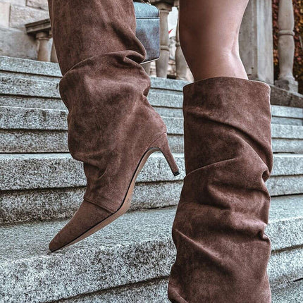 Women's Suede Heel Boots – Pointed Toe, Gathered Upper, Chic Comfort